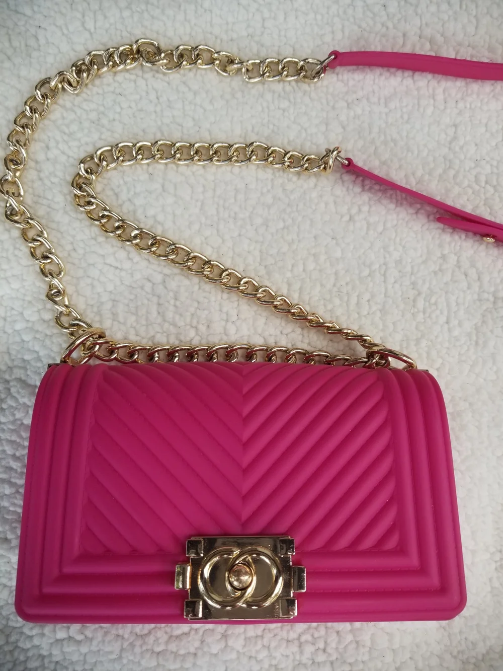 Hot Pink Quilted Jelly Crossbody Bag with Gold Chain